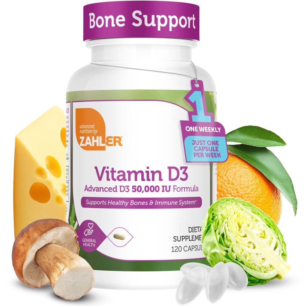 Zahler - Advanced Vitamin D3 50000 IU κάψουλες (120 Count) Kosher Vegetarian Friendly Vitamin D για Ανοσολογική Υποστήριξη, Οστά, Δόντια & Μυική Υγεία - Εβδομαδιαία D3 Συμπλήρωμα Βιταμίνης - Easy Swallow Vitamin D3.