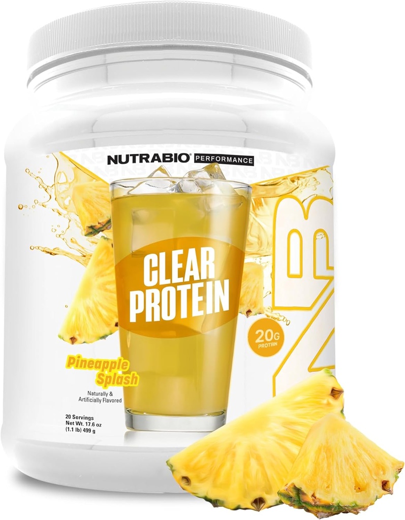 NutraBio Clear Protein Powder, Pineapple Splash - 20 Servies, 20g Clear Whey Protein Isolate, 0 Ζάχαρη, 0g Λακτόζη, αναζωογονητικά Fruit Flavors, GLP1 Υποστήριξη - Υγεία των οστών - Ανάκτηση μυών μετά την προπόνηση