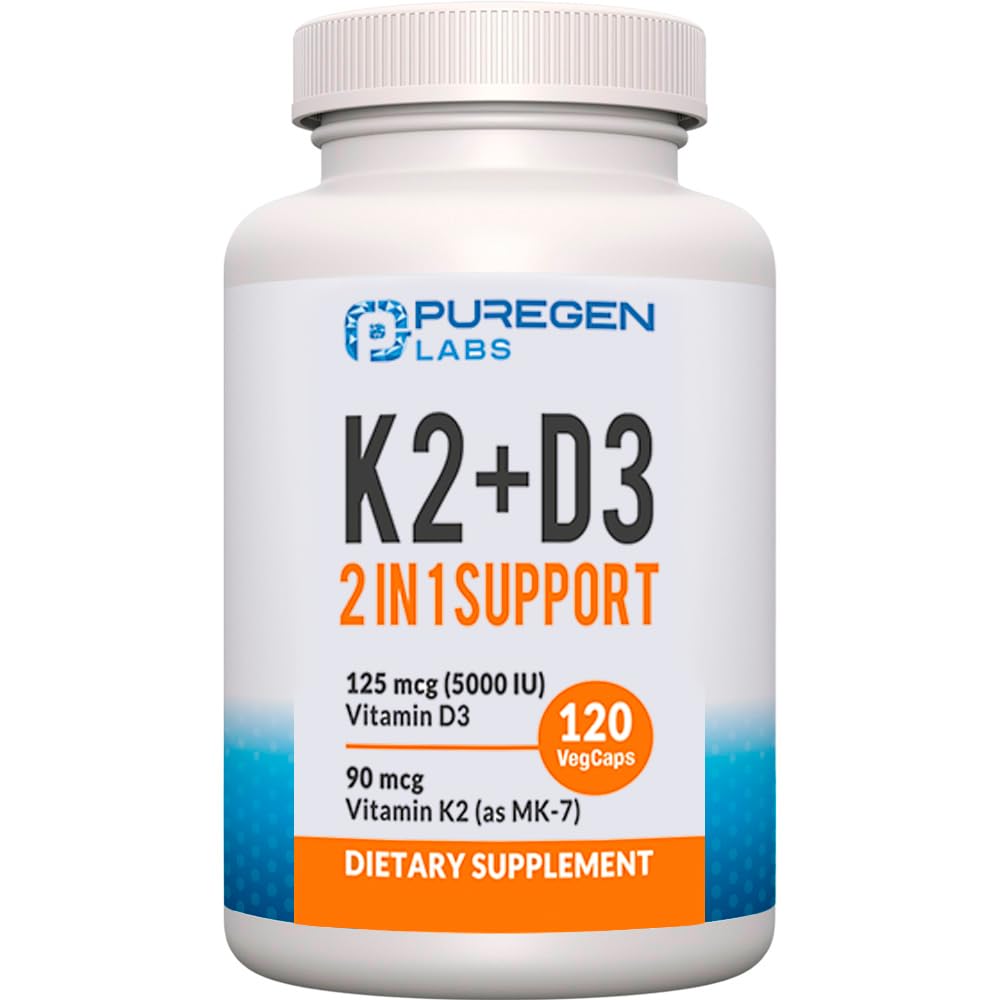 2 σε 1 Υψηλής Ικανότητας Φόρμουλα 90mcg Βιταμίνη K2 (MK7) και 5000 IU Συμπλήρωμα βιταμίνης D3 I Μη ΓΤΟ Φόρμουλα, Εύκολο στην κατάποση Βιταμίνη D & K Complex, 120 Κάψουλες I 4-Month Supply