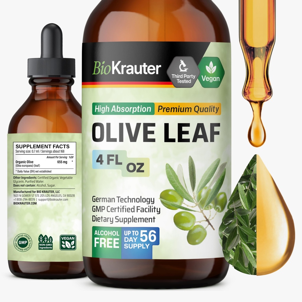 BIO KRAUTER Olive Leaf Extract Liquid - Olive Leaf Βάμμα για την Ανοσολογική Υποστήριξη - Αλκοόλ και Ζάχαρη Χωρίς - Vegan Drops 4 Fl.Oz.