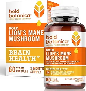 Τολμηρές κάψουλες μανιταριών της Botanica Lion’s Mane Mushroom - 100% Fruiting Body – Συμπυκνωμένο οργανικό εκχύλισμα μανιταριών Lion’s Mane – Nootropic Brain Health – Memory, Mood, Immune Support – 60 Vegan Capsules