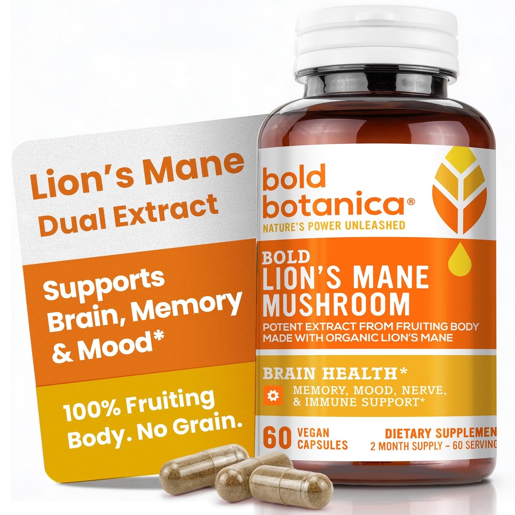 Τολμηρές κάψουλες μανιταριών της Botanica Lion’s Mane Mushroom - 100% Fruiting Body – Συμπυκνωμένο οργανικό εκχύλισμα μανιταριών Lion’s Mane – Nootropic Brain Health – Memory, Mood, Immune Support – 60 Vegan Capsules