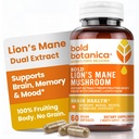 Bold Botanica Organic Lions Mane Supplement Capsules - 100% Fruiting Body Dual Extract - 115mg Beta-Glucans - Lion’s Mane Mushroom Extract for Brain, Memory & Mood, Immune Support - 60 Vegan Capsules