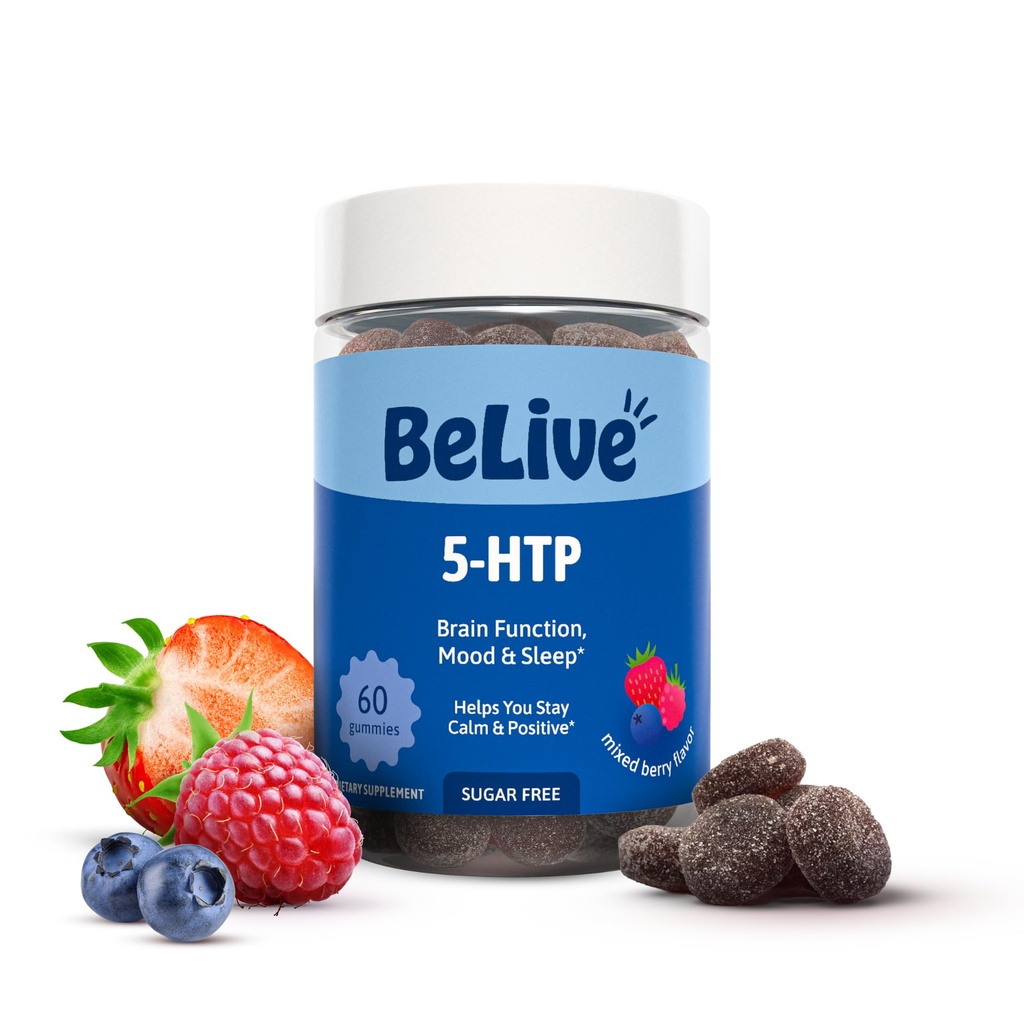 Belive 5-HTP Gummies - 60 ct I 5HTP Άγχος ανακούφιση Gummies για τον καλύτερο ύπνο, Ύψος εστίασης, Mood Booster & Stress Relief I Serotonin Booster για ενήλικες, Vegan 5 HTP συμπλήρωμα - μικτή γεύση μούρων