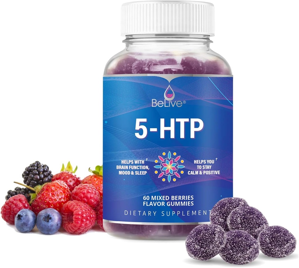 Belive 5-HTP Gummies - 60 ct I 5HTP Άγχος ανακούφιση Gummies για τον καλύτερο ύπνο, Ύψος εστίασης, Mood Booster & Stress Relief I Serotonin Booster για ενήλικες, Vegan 5 HTP συμπλήρωμα - μικτή γεύση μούρων