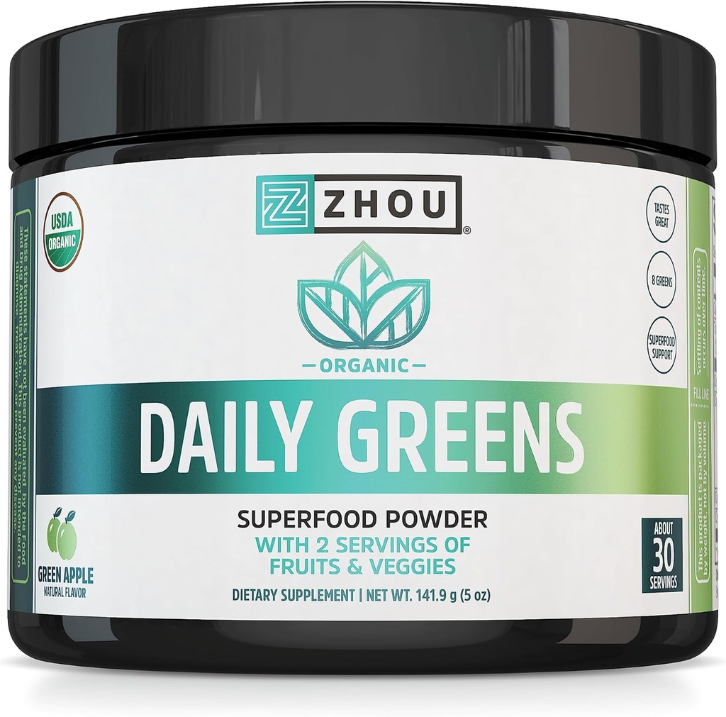 ZHOU Διατροφή USDA Βιολογικά Supergreens Σκόνη, Superfood Smoothie Juice Mix, Spirulina, Chlorella, Wheatgrass, Kale, Fiber, Immune and Energy Support, Vegan, Non-GMO, 30 Υπηρεσίες