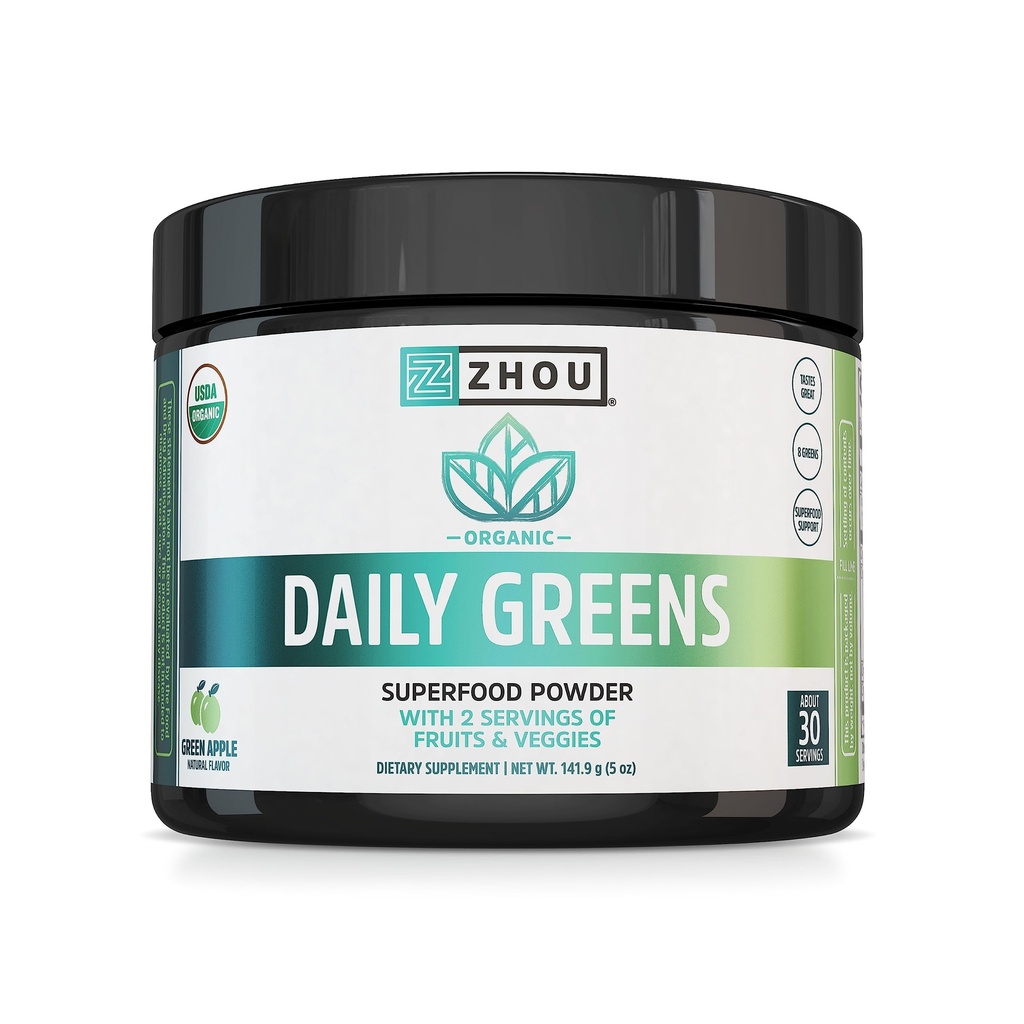ZHOU Διατροφή USDA Βιολογικά Supergreens Σκόνη, Superfood Smoothie Juice Mix, Spirulina, Chlorella, Wheatgrass, Kale, Fiber, Immune and Energy Support, Vegan, Non-GMO, 30 Υπηρεσίες