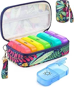 Weekly Pill Organizer 7 Day 2 Times a Day with Maple-Leaf Printed Bag, AMOOS AM Pill Holder with Lightproof Canvas BPA-Δωρεάν μεγάλη θήκη για βιταμίνη, συμπλήρωμα, φαρμακευτική αγωγή, ιχθυέλαιο