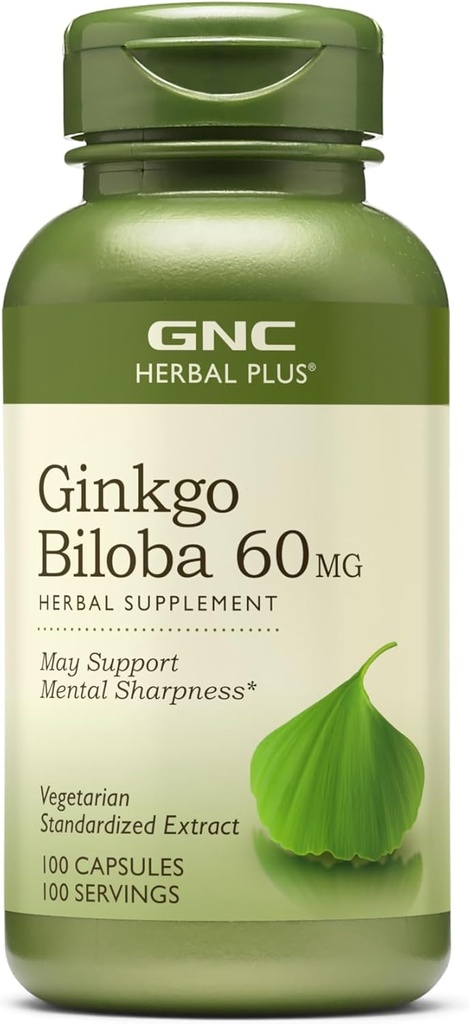 GNC Herbal Plus Ginkgo Biloba 60mg συμπλήρωμα, χορτοφάγοι, υποστηρίζει ψυχική οξύτητα, 100 υπηρεσίες