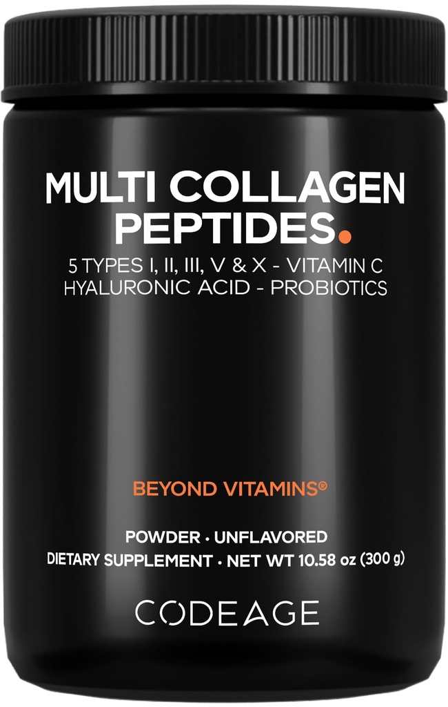 Κωδικός Multi Collage Peptides σκόνη + Probiotics Μαύρη έκδοση, βιταμίνη C, Hyaluronic Acid συμπλήρωμα σκόνης, Grass-Fed, Hydrolyzed, Zero Carbs, Type I, II, III, V & X, Unflavored, 10.58oz