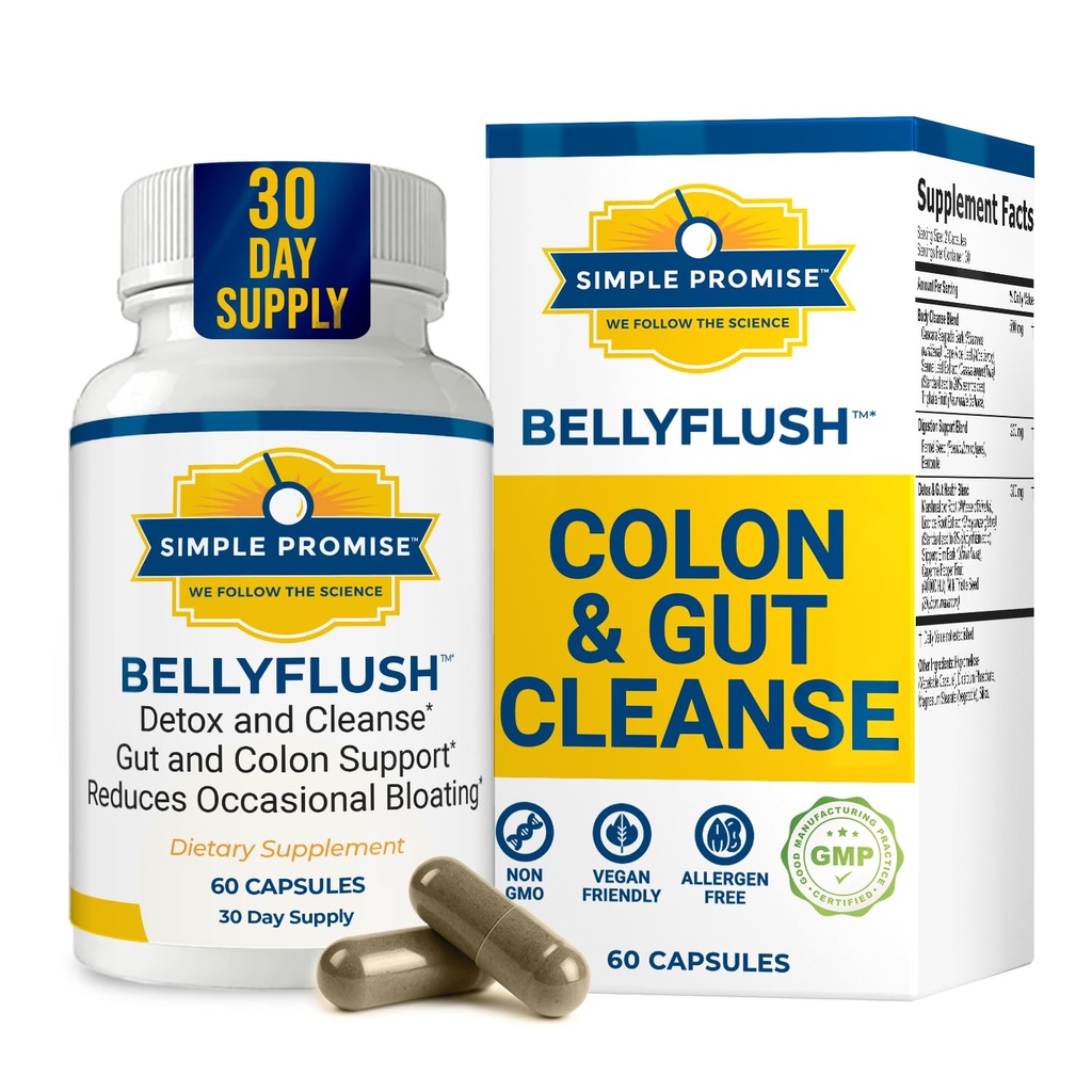 Simple Promise BellyFlush - Gentle Colon & Gut Cleanse Supplement with Milk Thistle & Bentonite Clay - Supports Constipation, Debloat, Digestive Detox & Flushing - 60 Capsules