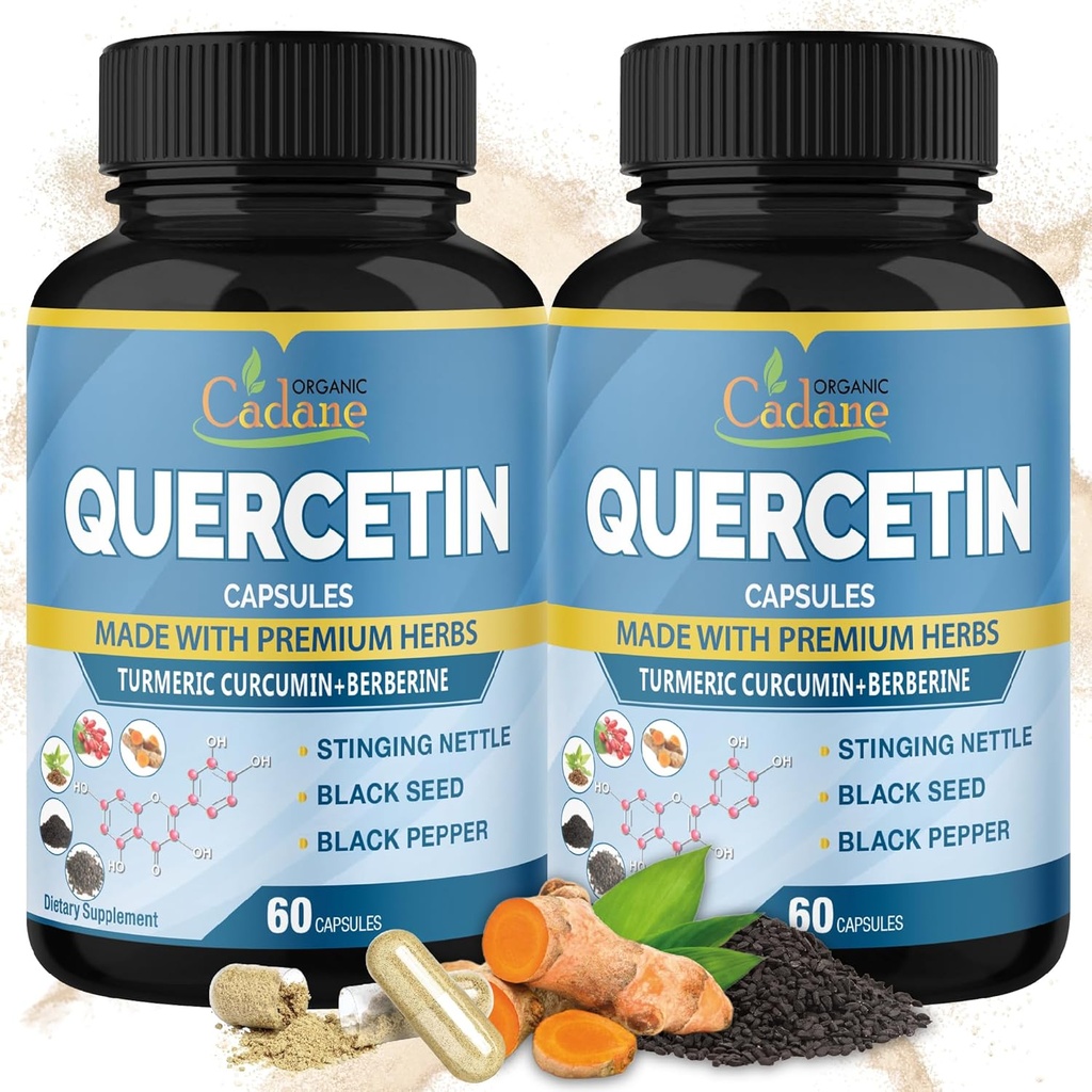 Organic Cadane 2 Packs Quercetin Supplements Capsules, 6in1 with Turmeric, Berberine, Stinging Nettle, Black Seed, Black Pepper - Supports Immune System - 4 Months Supply