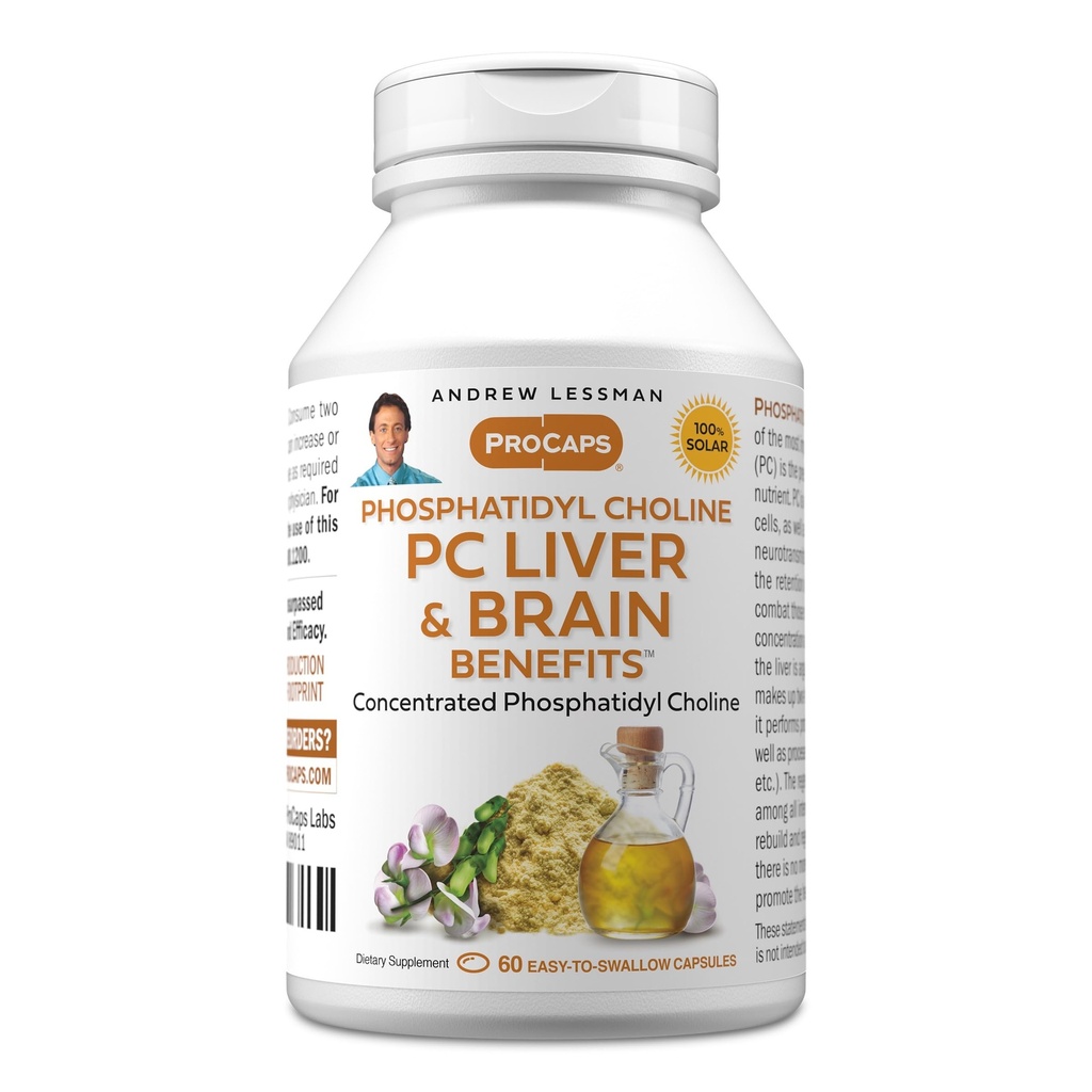 ANDREW LESSMAN PC Liver and Brain Benefits 60 Softgels - Phosphatidyl Choline, Most Important Building Block for Healthy Liver and Brain Structure, Function. No Additives. Easy to Swallow Softgels