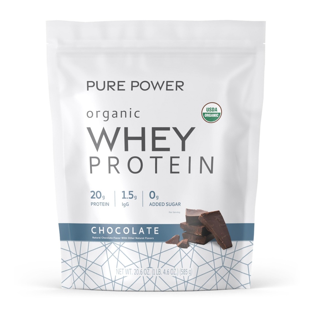Dr. Mercola Pure Power Organic Whey Protein - 20 g Πρωτεΐνη - Υποστηρίζει την ανάπτυξη των μυών και την ενέργεια - Grass-Fed Whey Concent - 15 μερίδες (20.60 oz) - Σοκολάτα