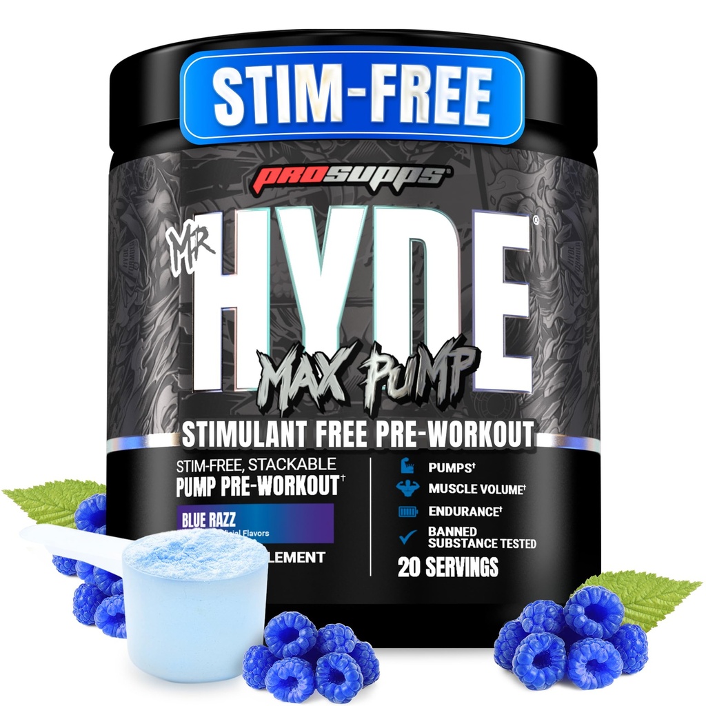 ProSupps Mr. Hyde Max Αντλία προ προπόνησης σε σκόνη - Stim-free Preworkout Υποστηρίζει τη ροή του αίματος, τον όγκο των μυών & την αντοχή - Caffeine-free Nitric Oxide Γυμναστήριο & Fitness Συμπληρώματα (Blue Razz, 20 εξυπηρετούν)