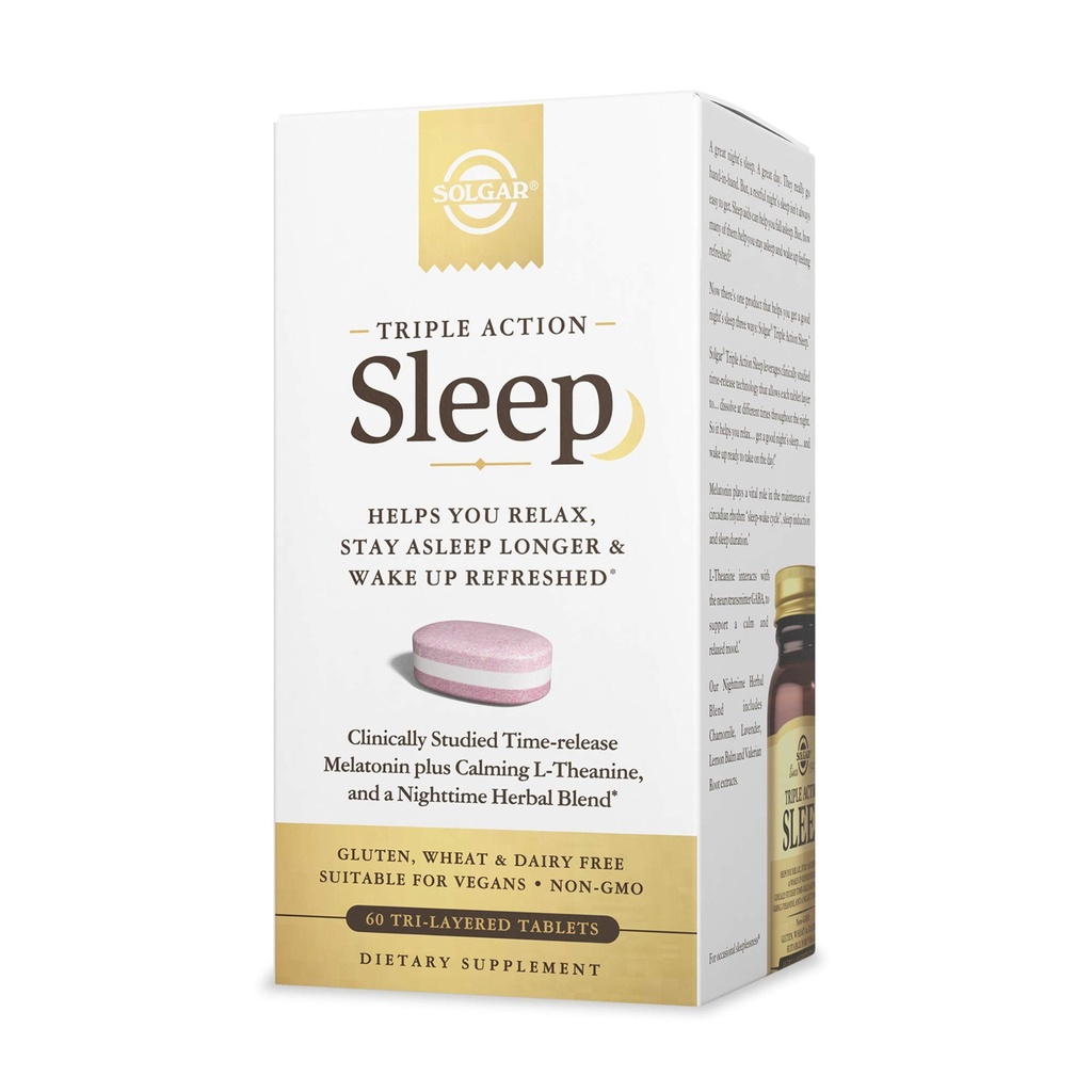 Solgar Triple Action Sleep, 60 Tri-Layer Tablets - Μελατονίνη & L-Theanine Plus Herbal Blend - Helps You Relax, Fall Aleep Fast & Stay Aleep Longer - Μη-GMO, Χωρίς Γλουτένη - 60 Μερίδες