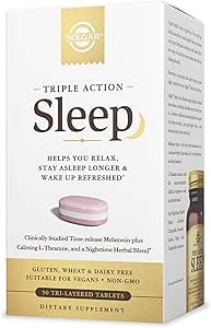 Solgar Triple Action Sleep, 60 Tri-Layer Tablets - Μελατονίνη & L-Theanine Plus Herbal Blend - Helps You Relax, Fall Aleep Fast & Stay Aleep Longer - Μη-GMO, Χωρίς Γλουτένη - 60 Μερίδες