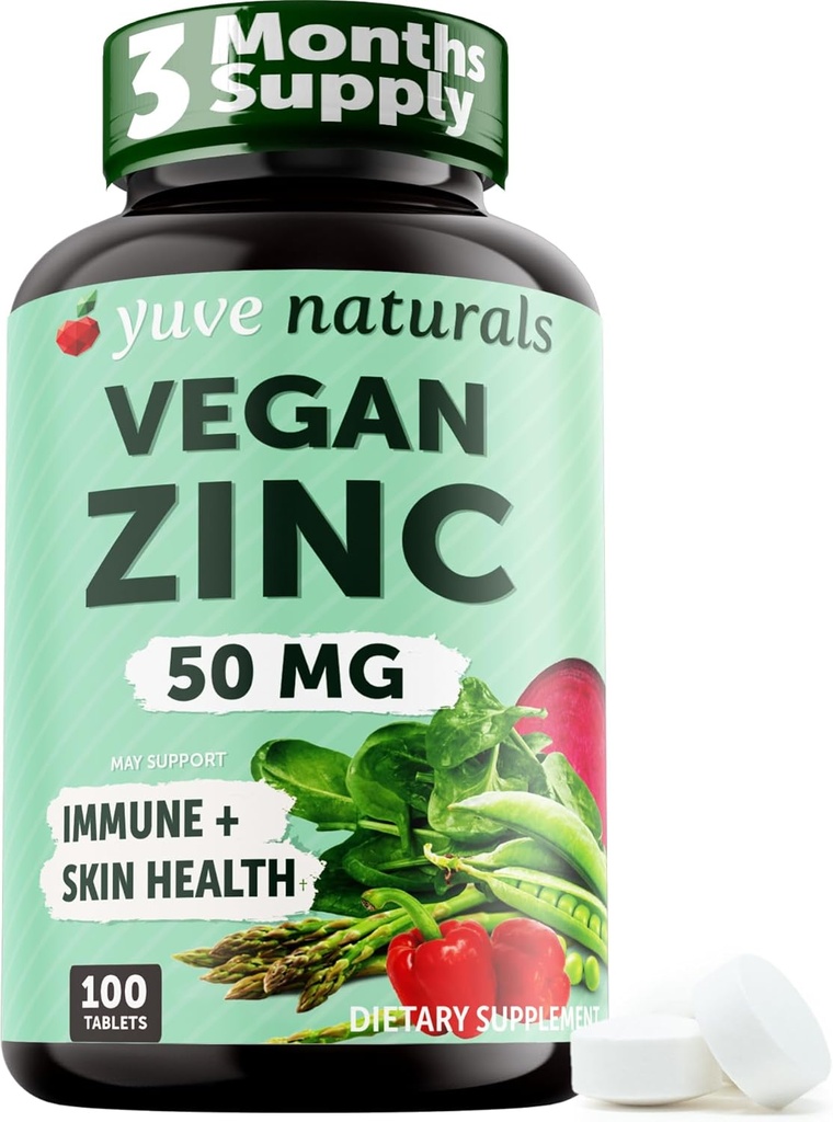 Yuve Naturals Vegan Zinc 50 mg - Γλουκονικός ψευδάργυρος για την υποστήριξη του ανοσοποιητικού και του δέρματος - Χωρίς γλουτένη, χωρίς ΓΤΟ, με βάση το φυτό - 100 Εύκολα Καταπιείτε δισκία