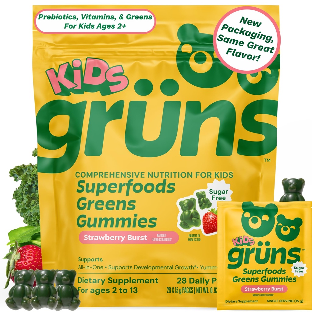 Gruns Παιδικές Βιταμίνες, Super Greens Gummies, Sugar-free Superfood Gummy Bears Με Spirulina, Chlorella, Prebiotics Fiber για Digestive Υγεία, συμπλήρωμα προσαρμογών, 20 Βιταμίνες & Ορυκτά, 28 ημέρες Συσκευασία