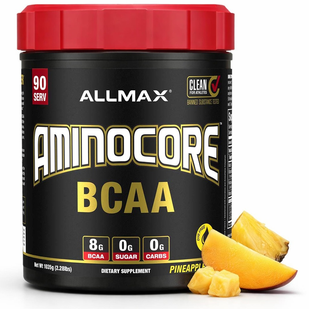 ALLMAX Διατροφή AMINOCORE BCAA, Ανανά Mango - 945 g Κόνις - 8,18 γραμμάρια διακλαδισμένης αλυσίδας Αμίν Οξέα ανά σερβίρισμα - με Βιταμίνες Β - Χωρίς πληρωτικά ή μη BCAA Aminos - Χωρίς ζάχαρη - 90 Σερβιρίσματα