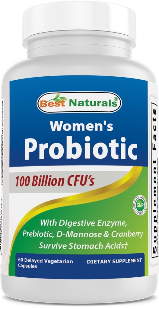 Best Naturals Probiotics for Women 100 Billion CFU - 10 Strains + Prebiotics Fiber + Digestive Enzyme Blend + Women's Health Herbal Blend - Immune, Digestive & Gut Health - 60 Deleyaed Capsles