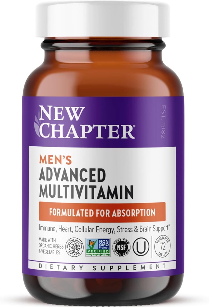 New Chapter Men's Multivitamin Advanced Formula for Stress, Brain, Immune, Heart & Energy Support, Higher Levels of Whole-Food Farmed Essential Nutrients for Men + Selenium + B Vitamins, 72 ct