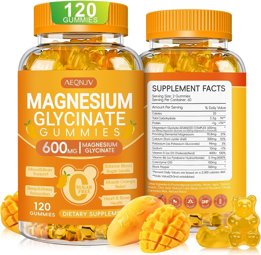 Γλυκινικό μαγνήσιο Glycinate Gummies 600mg, Μασώμενη ζάχαρη χωρίς Κάλιο Μαγνήσιο Gummies με Μαγνήσιο Γλυκινικό, Βιταμίνη D, B6 και CoQ10 για ύπνο, χαλάρωση, εγκέφαλος & μύες, 120 Count