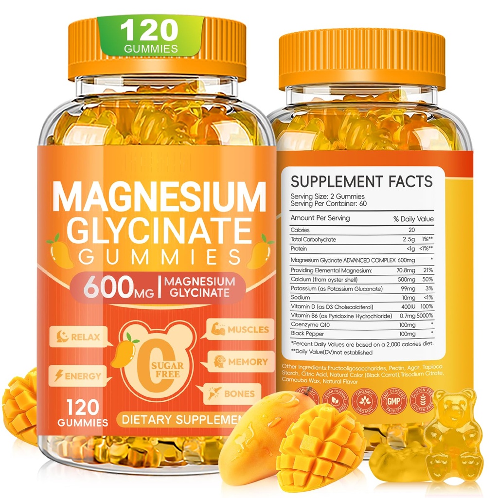 Magnesium Glycinate Gummies 600mg, Chewable Sugar Free Potassium Magnesium Gummies with Magnesium Glycinate, Vitamin D, B6 and CoQ10 for Sleep, Relaxation, Brain & Muscle, 120 Count