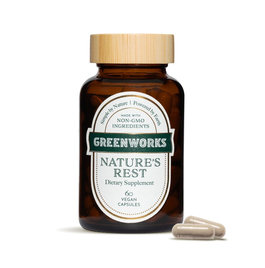 Greenworks Nature's Rest Melatonin Free Sleep Aid - Organic Herbal Supplement with Ashwagandha & Valerian Root - Vegan Capsles, 60 Count.