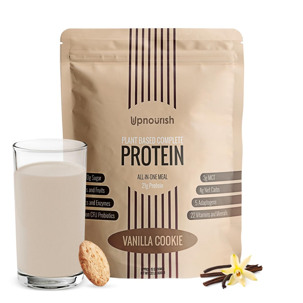 UpNourish Vanilla Cookie Vegan Protein Powder 54 Superfoods Powder,1.5 δις CFU Probiotics 21g Πρωτεΐνη με βάση το φυτό,Όχι Ζάχαρη Όχι Γαλακτοκομικά Όχι GMO Γαλακτοκομικά Χωρίς, Αντικατάσταση γεύματος Shake Keto-Friendly Low-Carb Diet,15 Servings
