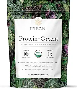 Truvani Protein + Greens Supplement | Spinach, Kale & Broccoli | 10g Organic Plant Based Protein | 20 Servings | USDA Organic | Gluten & Dairy Free | Vegan | No Added Sugar