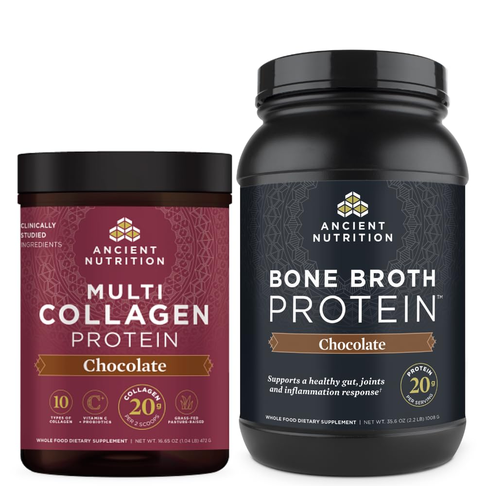 Αρχαία διατροφή Multi Collagen Protein σκόνη, σοκολάτα, 40 σέρβις + Bone Broth Protein Powder, σοκολάτα, 40 σέρβις