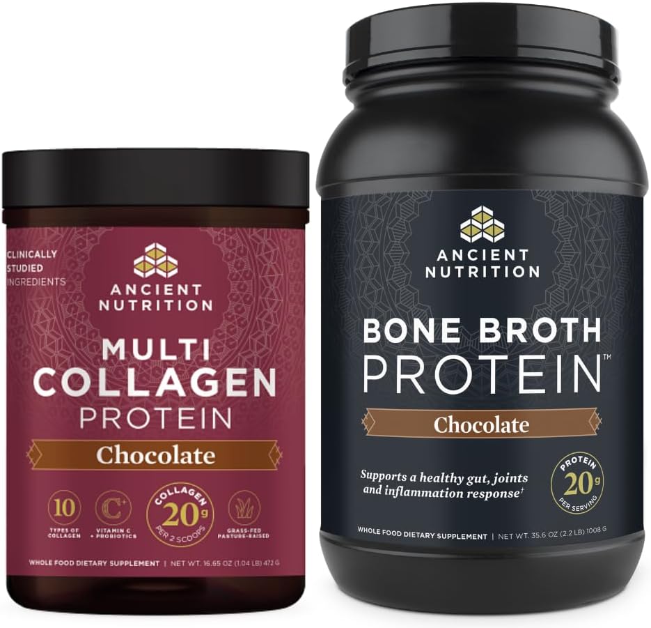 Αρχαία διατροφή Multi Collagen Protein σκόνη, σοκολάτα, 40 σέρβις + Bone Broth Protein Powder, σοκολάτα, 40 σέρβις