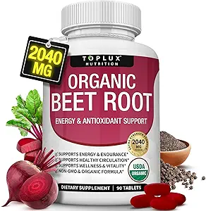 Organic Beet Root Powder Tablets - 2040mg Natural Nitric Oxide Beets to Support, Energy, Black Pepper Better Absorption, Non-GMO, for Men Women, 90 Tablets