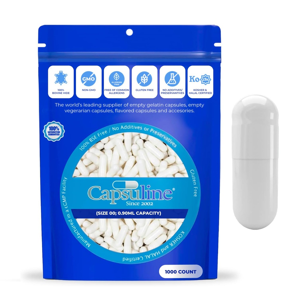 Capsuline Size 000 - Colored White Empty Gelatin Capsules - 1000 Count - Empty Gel Pill Capsules - DIY Pure Bovine Pill Capsule Filling - Empty Caps - Kosher and Halal Certified - Non-GMO Certified