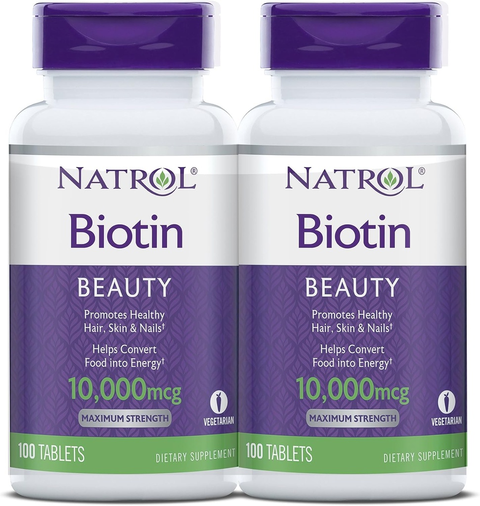 Natrol Biotin δισκία ομορφιάς, προωθεί υγιή μαλλιά, δέρμα και νύχια, βοηθά στη στήριξη του μεταβολισμού της ενέργειας, βοηθά να μετατρέψουν τα τρόφιμα σε ενέργεια, μέγιστη δύναμη, 10.000mcg, 100 Count (πακέτο του 2)