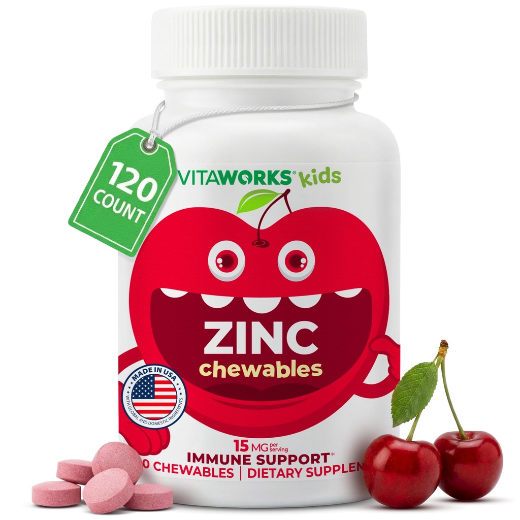 Kids Zinc 15mg Chewable Tablets - Natural Cherry Flavor - Vegan, Vegetarian, GMO-Free, Gluten Free, Nut Free Vitamins - Dietary Supplement for Immune Support - for Children - 120 Chewables
