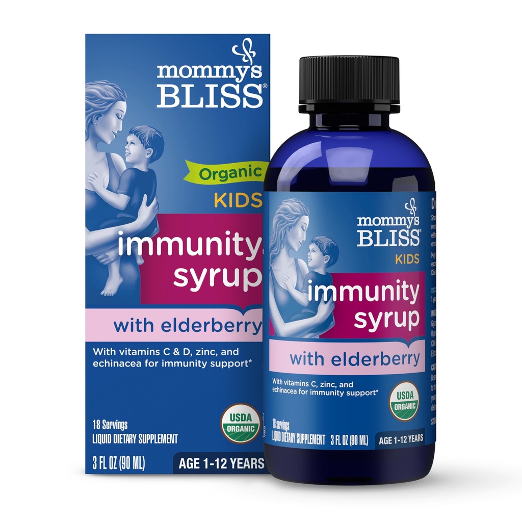 Mommy's Bliss Organic Elderberry Syrup & Immunity Boost Με Βιταμίνες, Πρεβιοτικά & Echinacea για Παιδιά & Ενήλικες 1 yr+, 3 Fl Oz