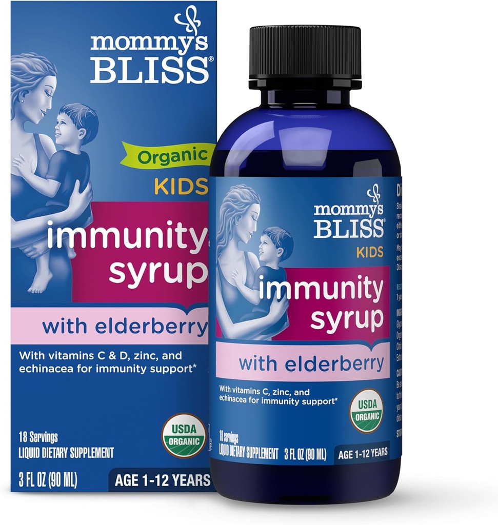 Mommy's Bliss Organic Elderberry Syrup & Immunity Boost Με Βιταμίνες, Πρεβιοτικά & Echinacea για Παιδιά & Ενήλικες 1 yr+, 3 Fl Oz