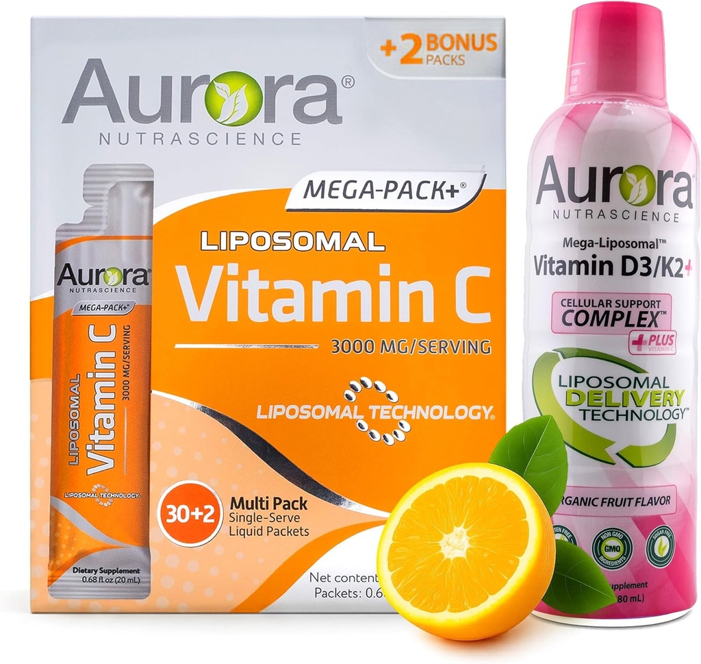 Aurora Nutrascience Mega Liposomal Vitamin C 32 Pack + Βιταμίνη D3/K2 Bottle Bundle - Συμπλήρωμα για την Ανοσολογική Υποστήριξη & Γνωστική Υγεία - 32 Υπηρετεί το καθένα
