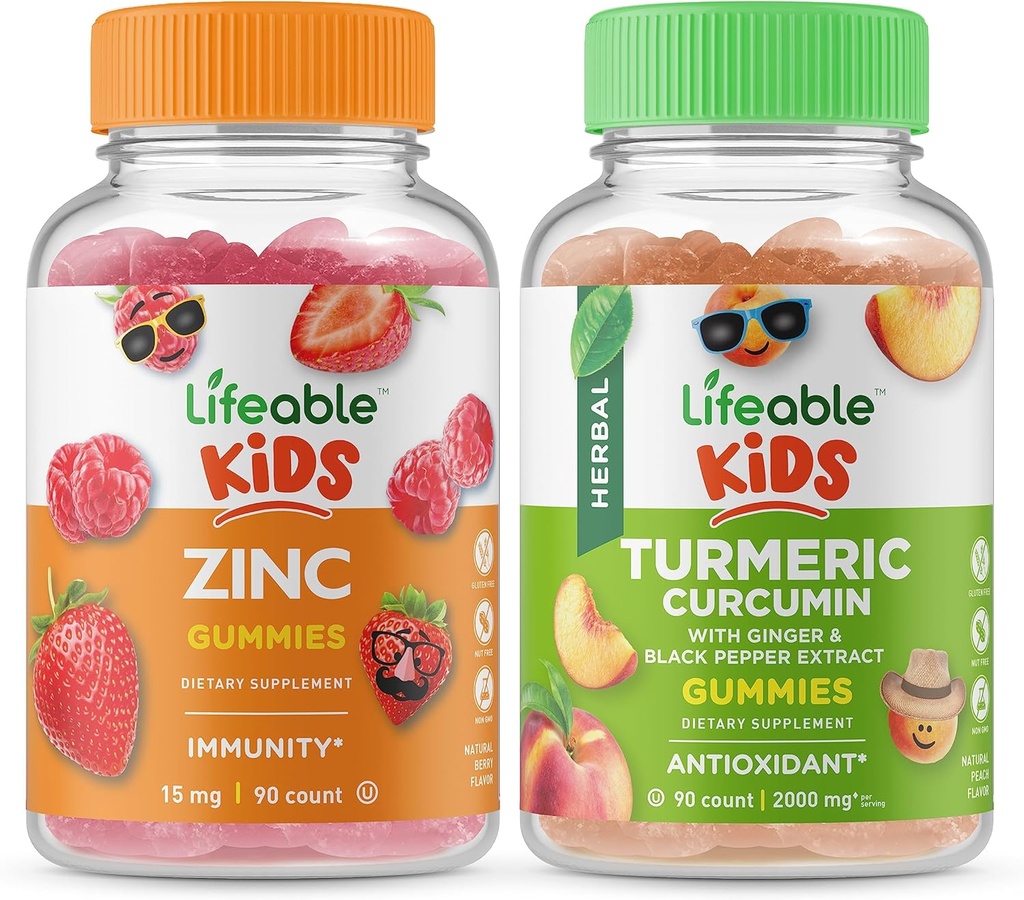 Ζωηρό Zinc Kids + κουρκουμίνη παιδιά, gummys Bundle - μεγάλη γεύση, συμπλήρωμα βιταμίνης, χωρίς γλουτένη, GMO δωρεάν, μασώμενη κοιλιά