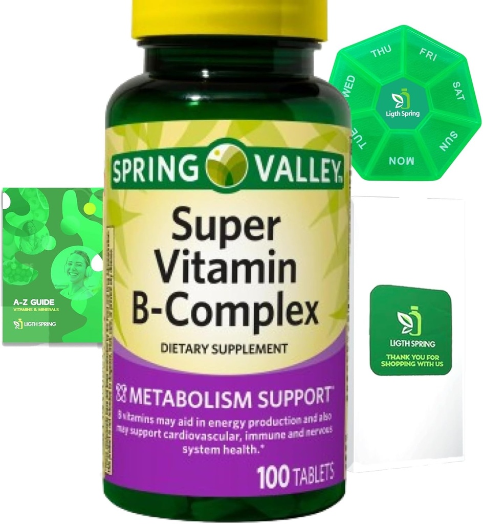Super Vitamin B-Complex 100 δισκία Συμπλήρωμα διατροφής Bundle Exclusive Better Ligth&Spring Guide + Weekly Pill Organizate (3 αντικείμενα)