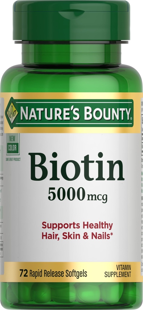Boundty Biotin της φύσης, υποστηρίζει το μεταβολισμό για κυτταρική ενέργεια και υγιή μαλλιά, δέρμα, και νύχια, 5000 mcg, 72 Softgels