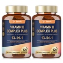 13-σε-1 Vitamin B Complex Plus με Βιταμίνη B1, B2, B3 (Niacin), B4, B5, B6, B7 (Biotin), B8 (Inositol), B9 (Folate), B12, C, D3, K2 για Ενέργεια, Νεύρο, Ανοσοποιητικό, Δέρμα - 120 Caps ανά Φιάλη - 2 Φιάλες