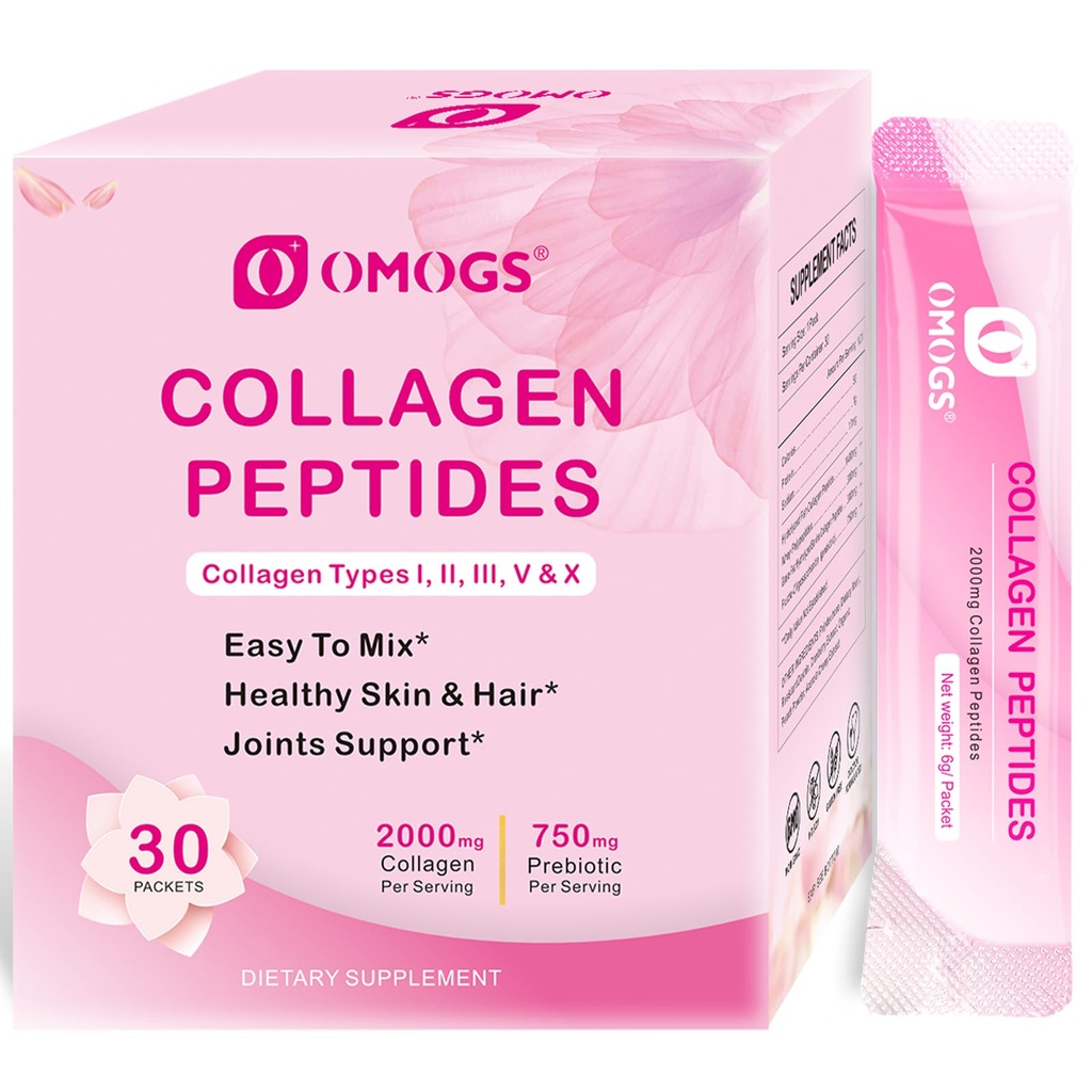 OMOGS Collagen Peptides σε σκόνη, με Prebiotics & Cranberry Extract - Hydrolyzed Collagen Peptides Υποστήριξη για τα μαλλιά, το δέρμα, τα νύχια, τα οστά & Digestive Υγεία, Grass Fed, Non-GMO, για γυναίκες & άνδρες