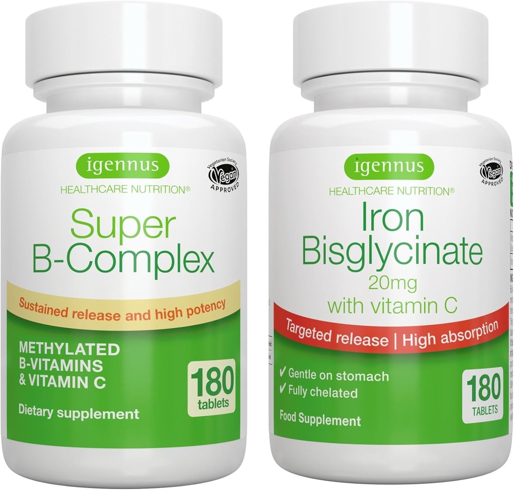 Super B-Complex & Υψηλής Απορρόφησης Διγλυκινικός σίδηρος 20mg με βιταμίνη C, Vegan Bundle, Methylated Content Release B Complex & Gentle One-a-Day Iron with Targeted Release, by Igenus