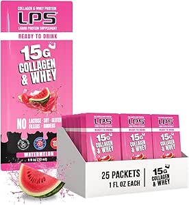 Nutritional Designs LPS Liquid Collagen & Whey Protein Supplement - Non-GMO Drink, Sugar-Free - Promotes Healthy Skin & Hair for Men & Women, Watermelon, Single Serve (25 Packets)