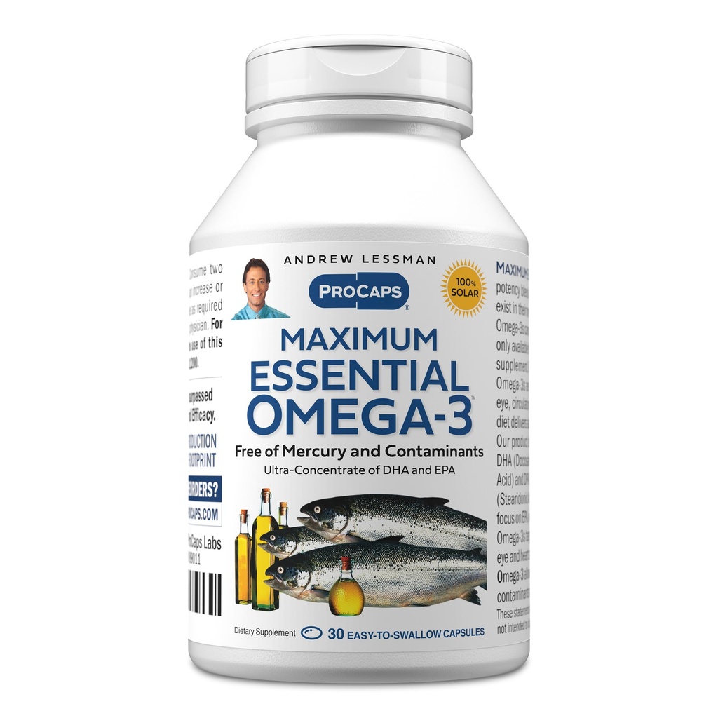 ANDREW LESSMAN Maximum Essential Omega-3 Unflavored, 30 Softgels - Ultra-Pure Omega-3 Fish Oil 1200 mg-High DHA, No Mercury Small, Easy to Swallow Fish Oil Capsules
