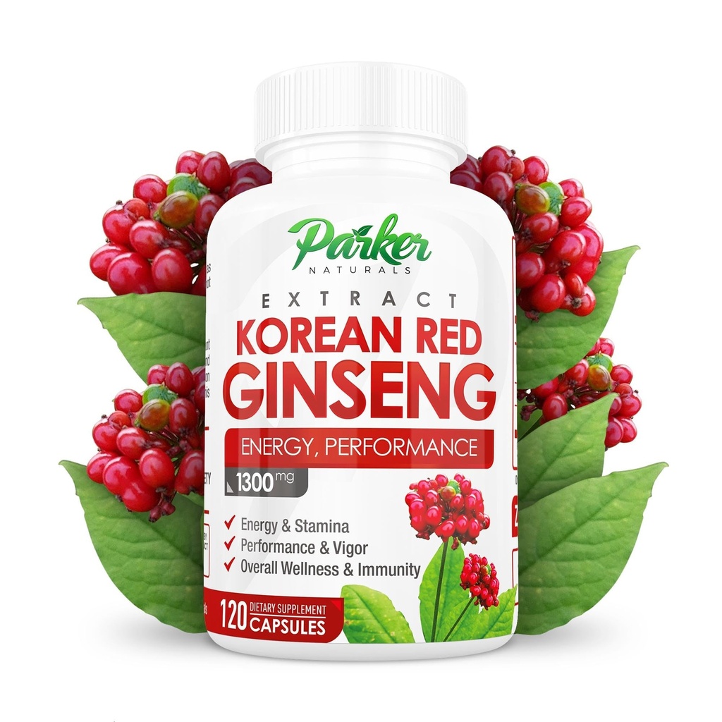 Parker Naturals Korean Red Ginseng Extract, 1300mg Extract with Ginger Root and Black Pepper, 20% Ginsenosides Red Panax Ginseng Supplement, 120 Caps