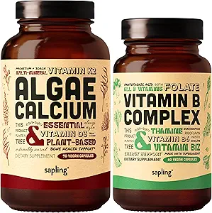 Algae Calcium & Vegan Vitamin B Complex Bundle - Calcium Supplement from Red Algae, Essential B Vitamins with Whole Food Blend, B1, B2, B3, B5, B6, B7, Folate